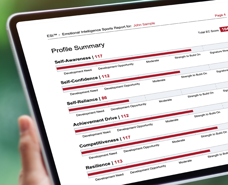 Emotional Intelligence Sports Report Profile Summary for John Sample on a Tablet