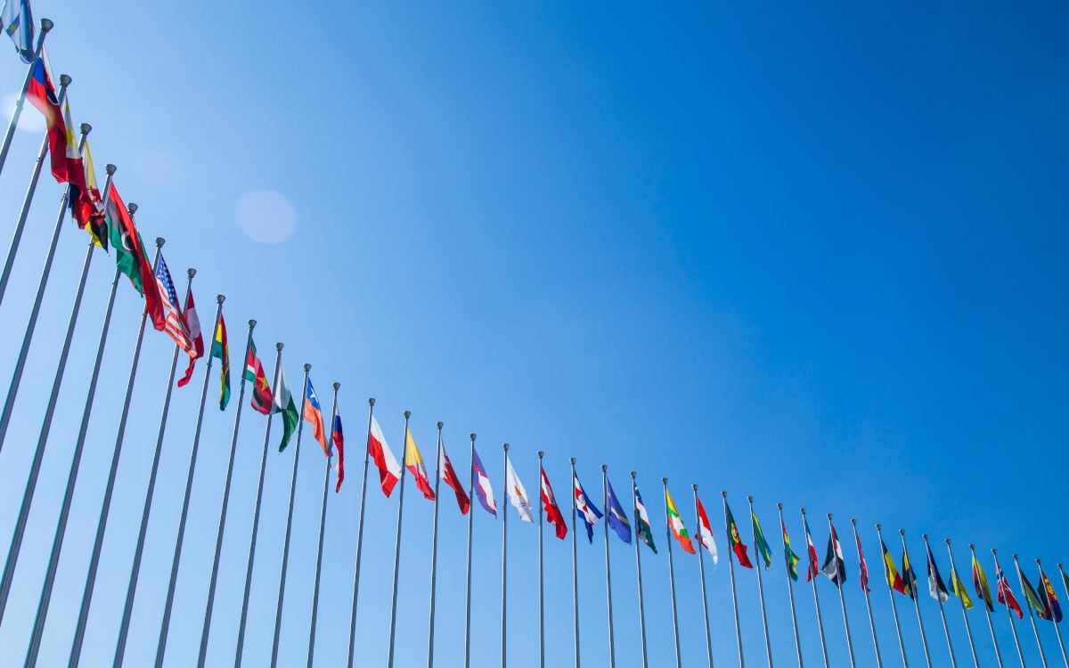 Flags against a blue sky background 